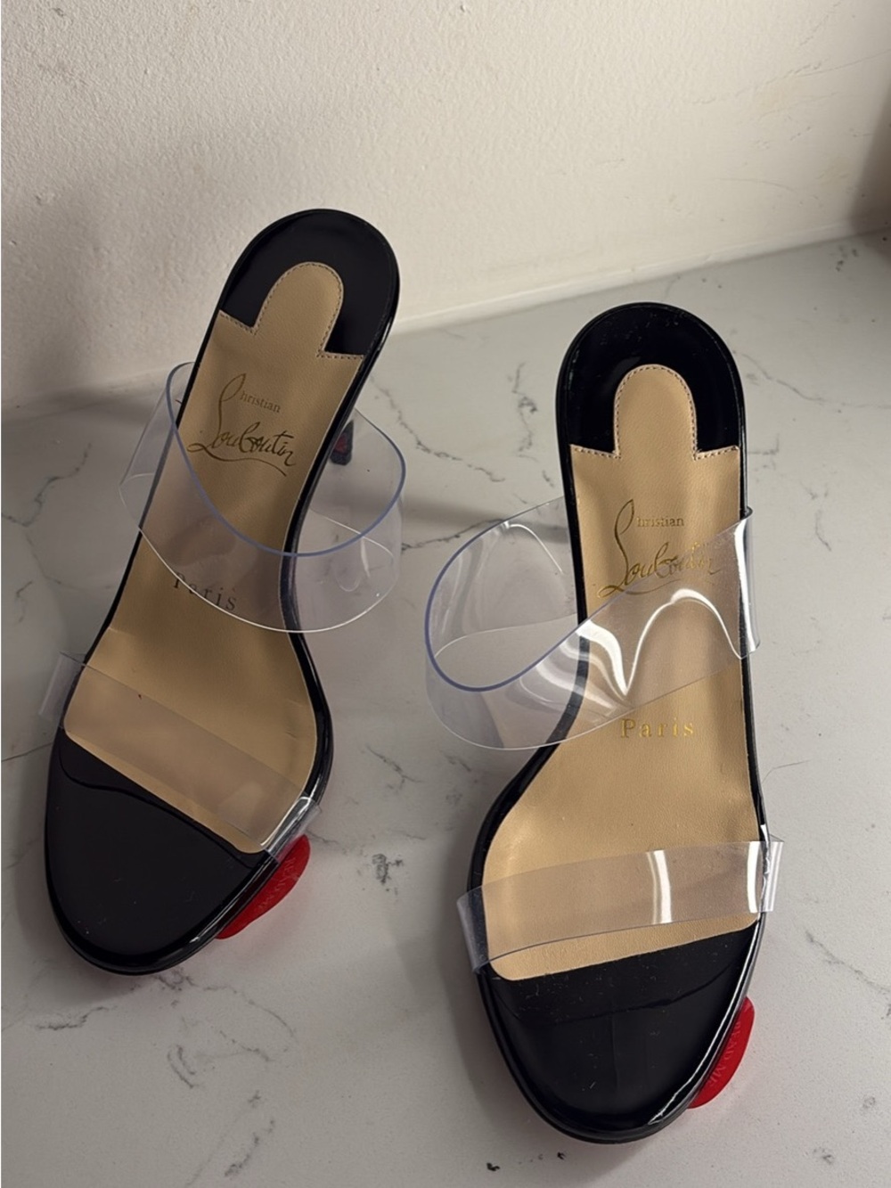Christian Louboutin Black Patent Clear-Strap Slide Sandals with Red Sole